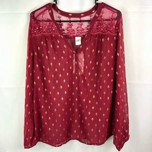 Long Sleeve Sheer Berry colored lace detailed top